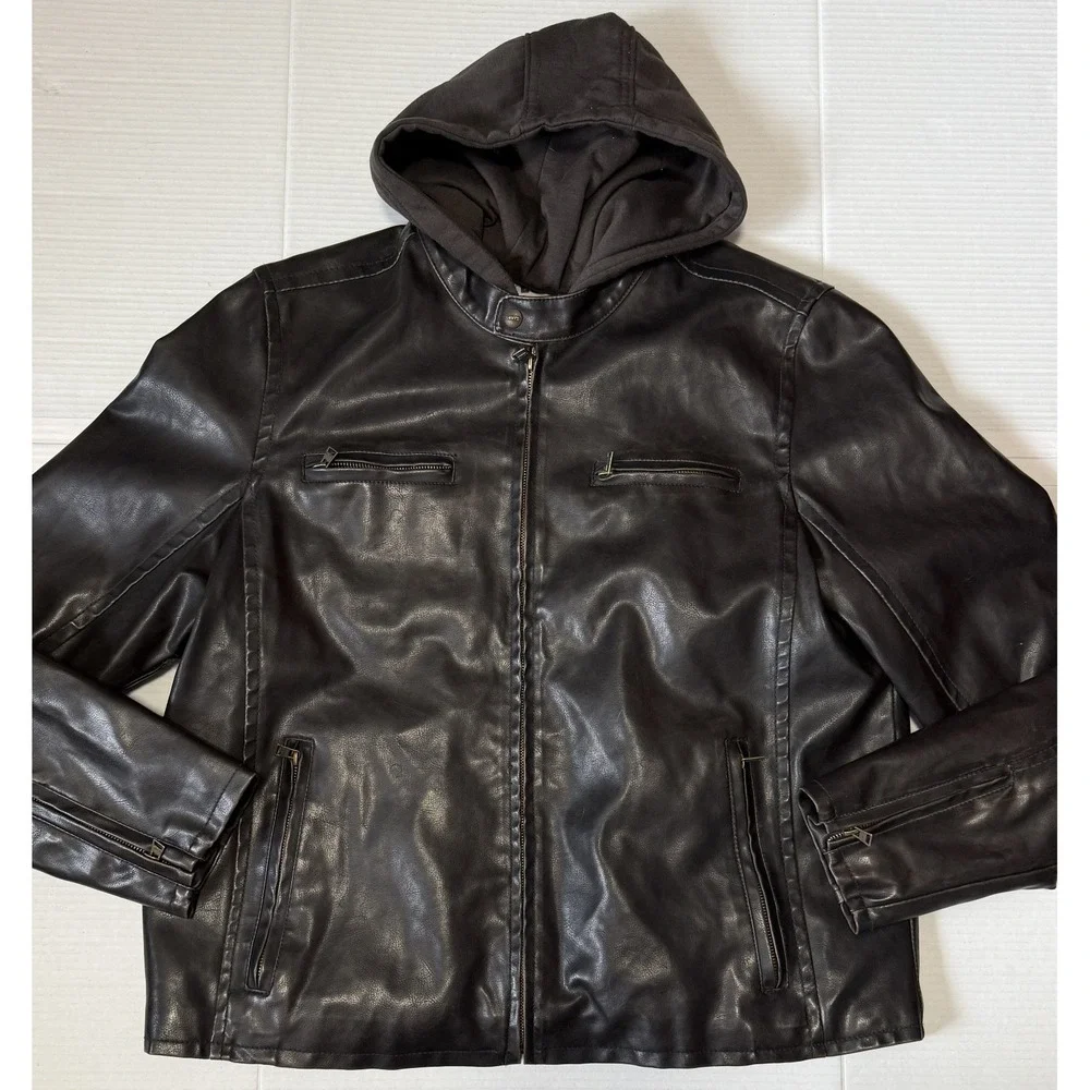 LEVI'S -‎ Mens Faux Leather Dark Brown Hooded Zip Jacket - Size Large*